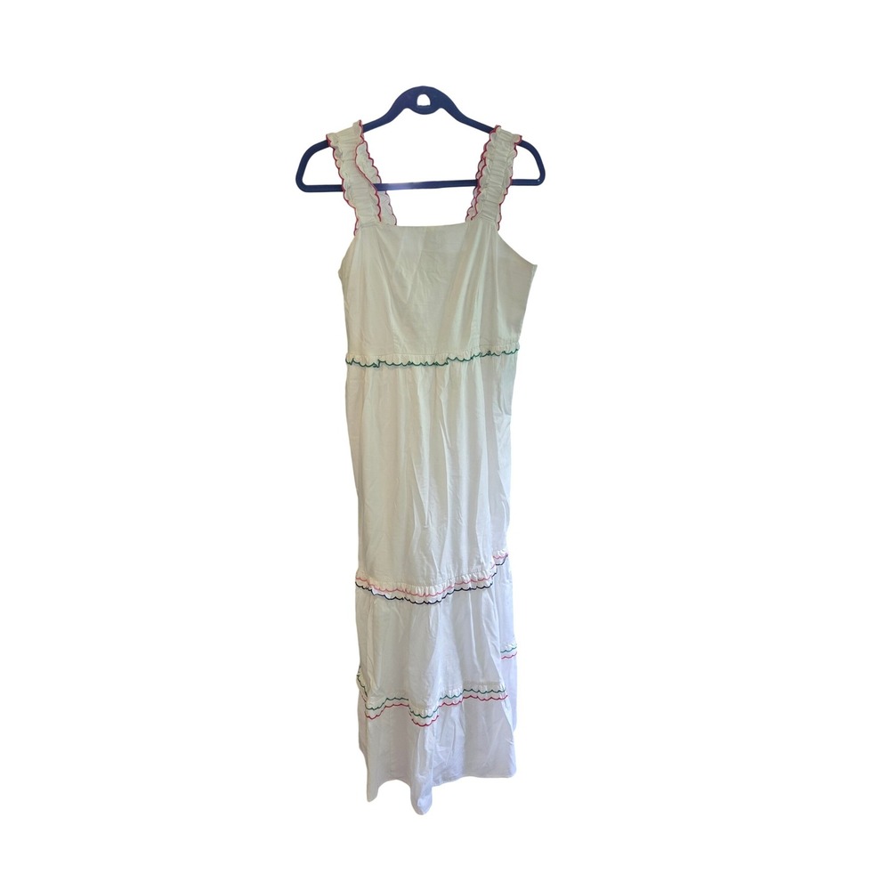 LOFT White Ric Rac Rainbow Trim Tiered Maxi Dress XS Square Neck Ruffle Strap XS - Picture 5 of 10